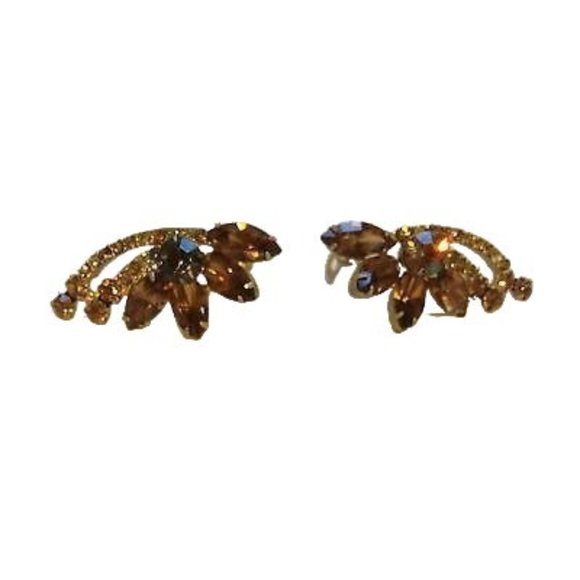Stunning Topaz Crystals Clip On Earrings Lovely Vintage Costume Jewelry - Picture 4 of 8